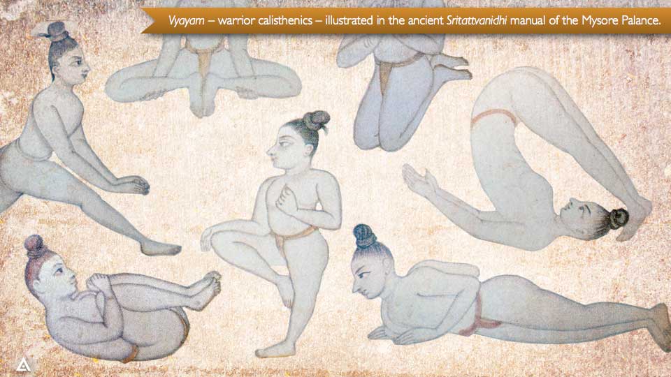 Vyayam -- warrior calisthenics -- illustrated in the ancient Sritattvanidhi manual of the Mysore Palance.